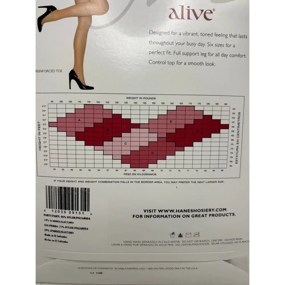 Hanes Alive Full Support Pantyhose Sheer Barely Black Size F NIP